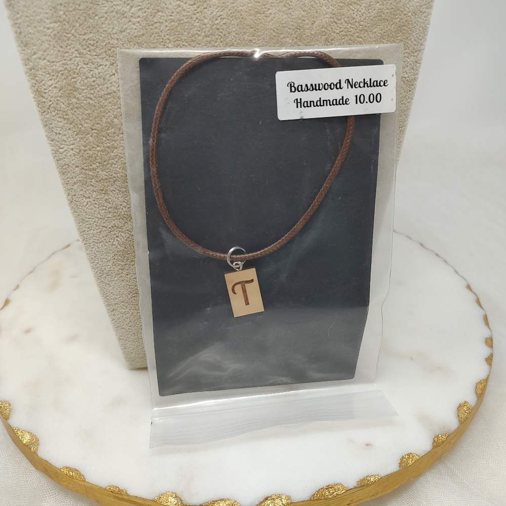 Handmade Brown Basswood Letter T Pendant Necklace